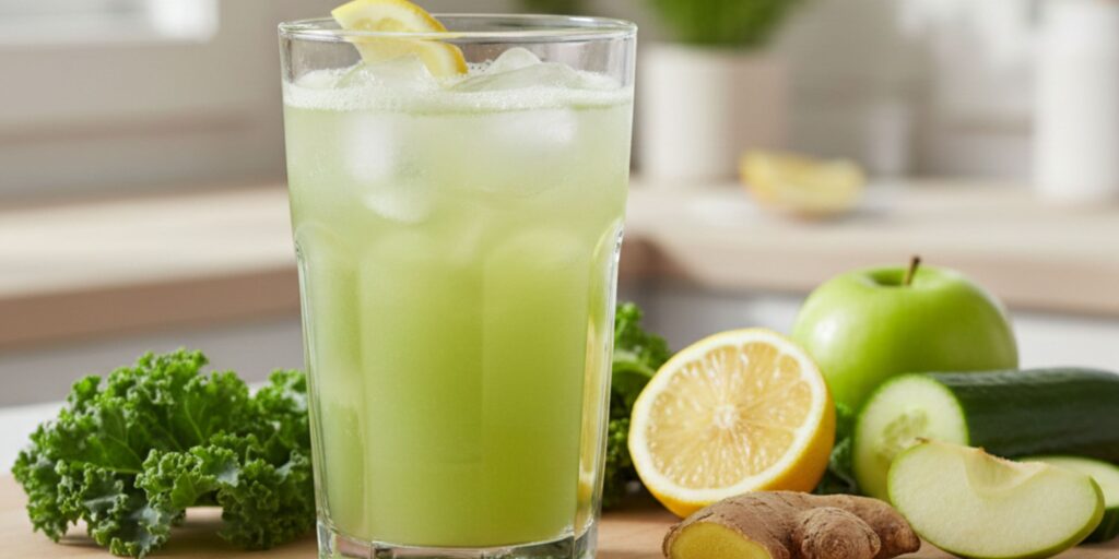 Glass of fresh green juice with lemon and ginger served over ice on a bright kitchen counter in natural light.