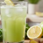 Glass of fresh green juice with lemon and ginger served over ice on a bright kitchen counter in natural light.