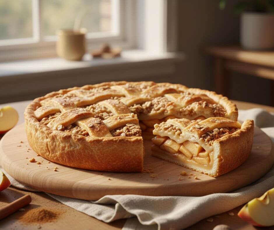 Vegan apple cinnamon pie with a golden crunchy crust and visible apple slices, photographed in warm natural light.