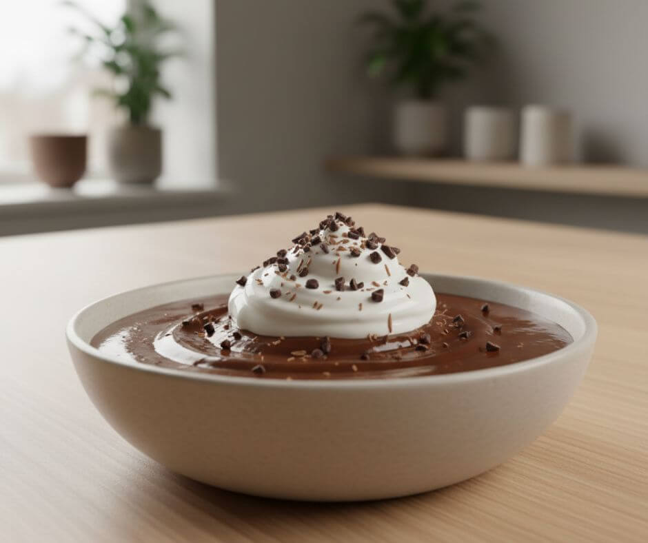 Vegan chocolate pudding topped with coconut cream and cacao nibs, served in a ceramic bowl under natural light.