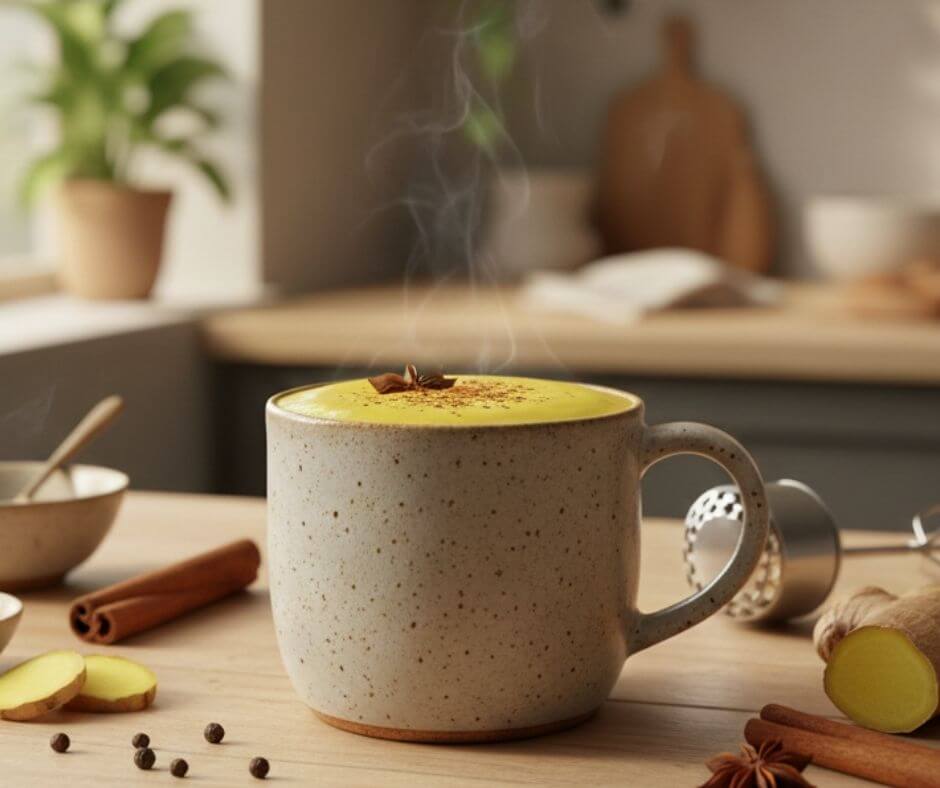 Warm cup of vegan golden milk made with turmeric and plant-based milk, photographed in soft natural light.
